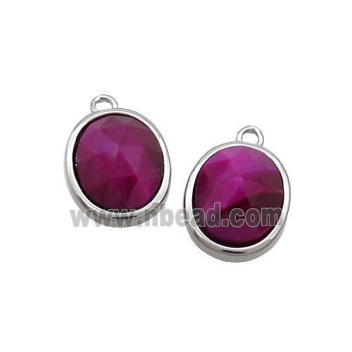 Fuchsia Tiger Eye Stone Oval Pendant Platinum Plated