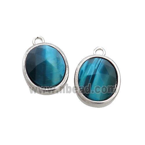 Blue Tiger Eye Stone Oval Pendant Platinum Plated