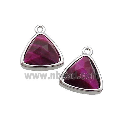 Fuchsia Tiger Eye Stone Triangle Pendant Platinum Plated