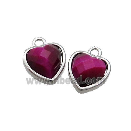 Fuchsia Tiger Eye Stone Heart Pendant Platinum Plated