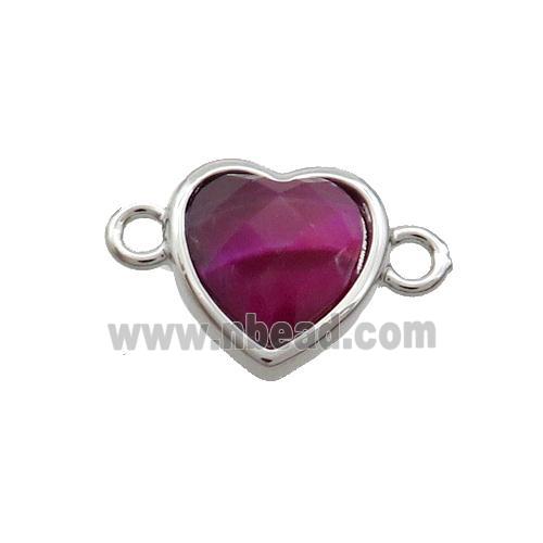 Fuchsia Tiger Eye Stone Heart Connector Platinum Plated