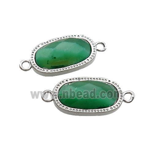 Green Tiger Eye Stone Oval Connector Platinum Plated