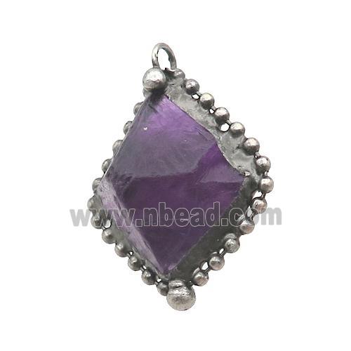 Purple Fluorite Pendant Freeform Antique Silver