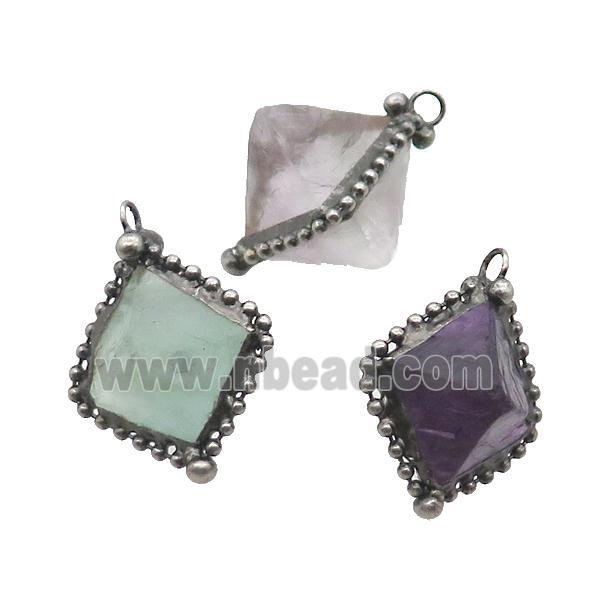 Fluorite Pendant Freeform Mix Color Antique Silver