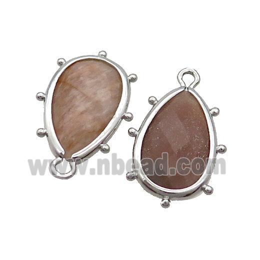 Peach Sunstone Teardrop Pendant Platinum Plated