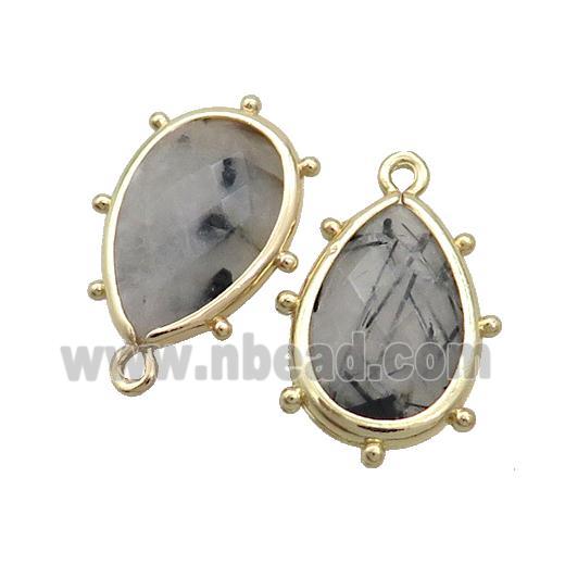 Natural Black Rutilated Quartz Teardrop Pendant Gold Plated