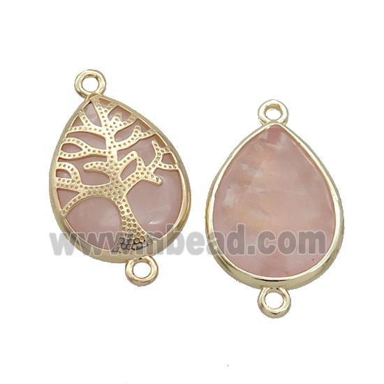 Pink Rose Quartz Teardrop Connector Tree Of Life Gold Plated