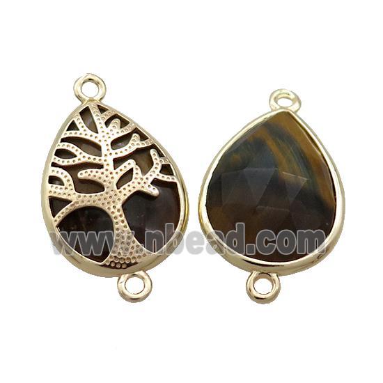 Natural Tiger Eye Stone Teardrop Connector Tree Of Life Gold Plated