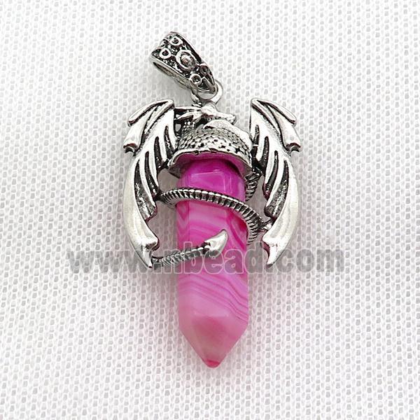 Alloy Dragon Pendant Pave Hotpink Stripe Agate Antique Silver