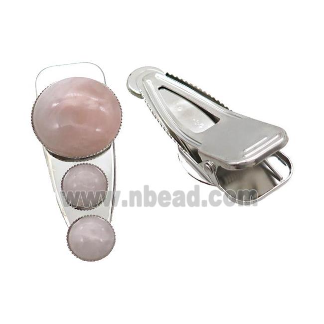 Copper Hair Clips Pave Pink Rose Quartz Platinum Plated