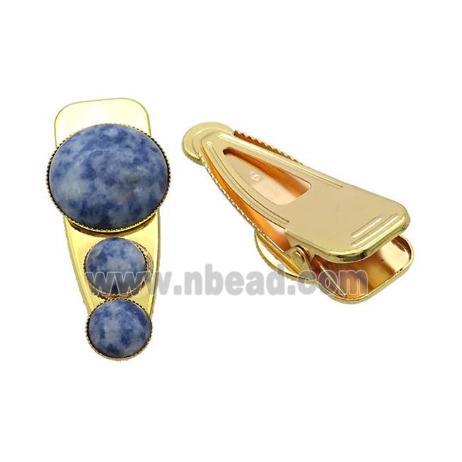 Copper Hair Clips Pave Blue Dalmatian Jasper Gold Plated