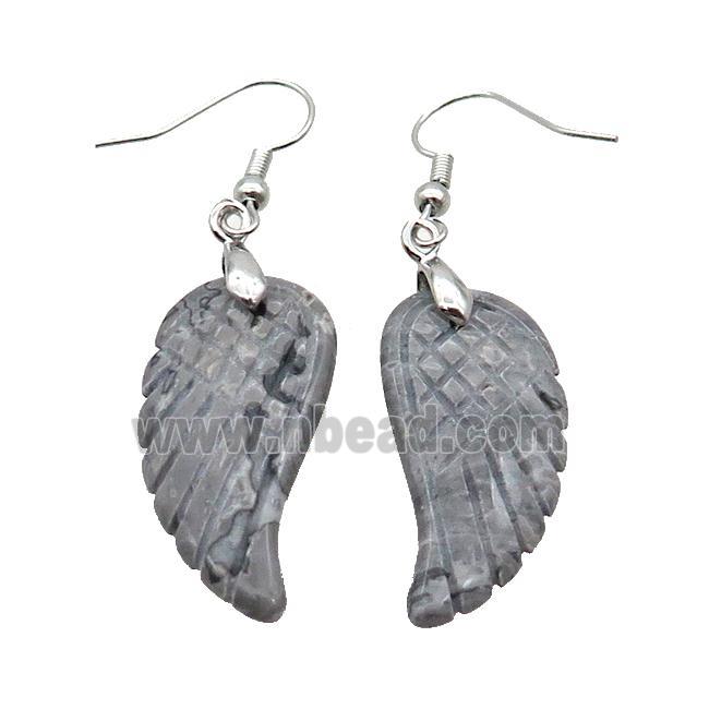 Gray Map Jasper Angel Wings Hook Earring