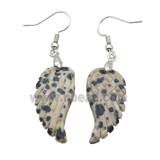 Natural Black Dalmatian Jasper Angel Wings Hook Earring