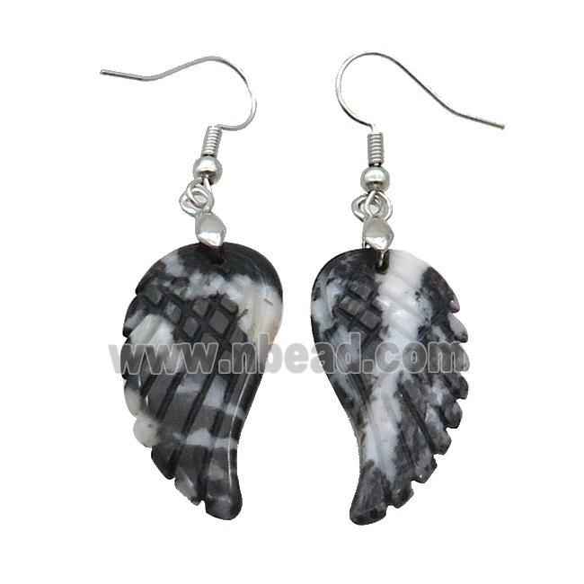 Black White Zebra Jasper Angel Wings Hook Earring