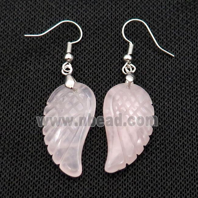 Natural Rose Quartz Angel Wings Hook Earring Pink