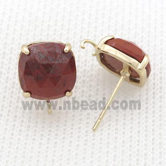 Copper Stud Earring Pave Red Jasper Square Gold Plated