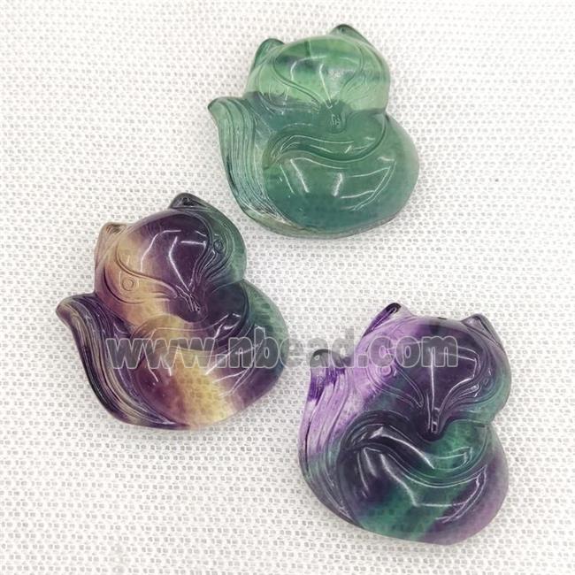 Natural Fluorite Fox Pendant Multicolor Carved