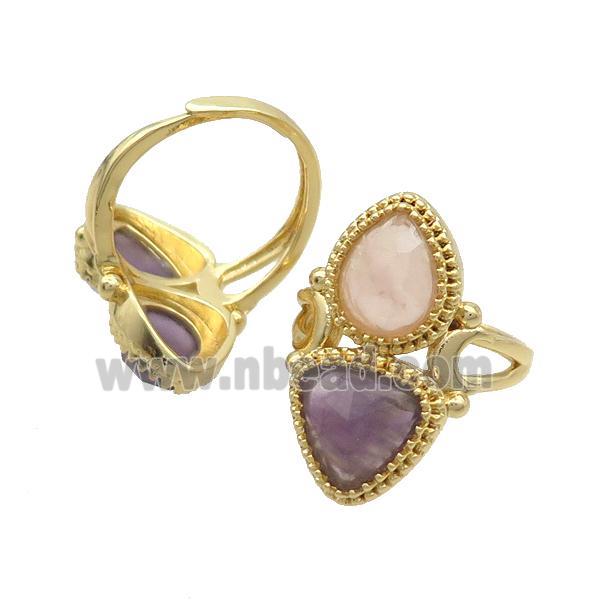 Copper Ring Pave Amethyst Rose Quartz Adjustable Gold Plated