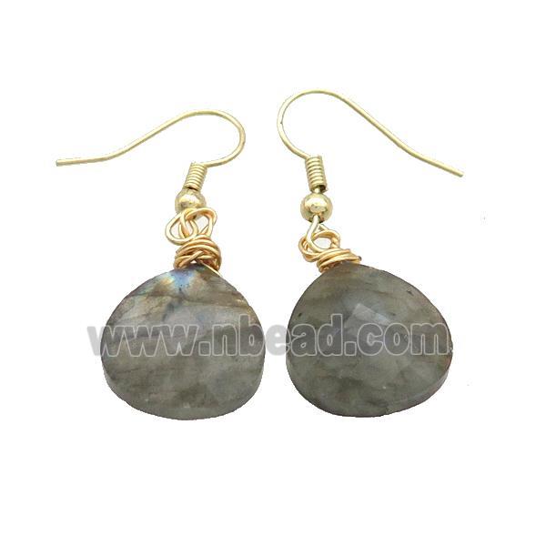 Natural Labradorite Copper Hook Earrings Teardrop Gold Plated