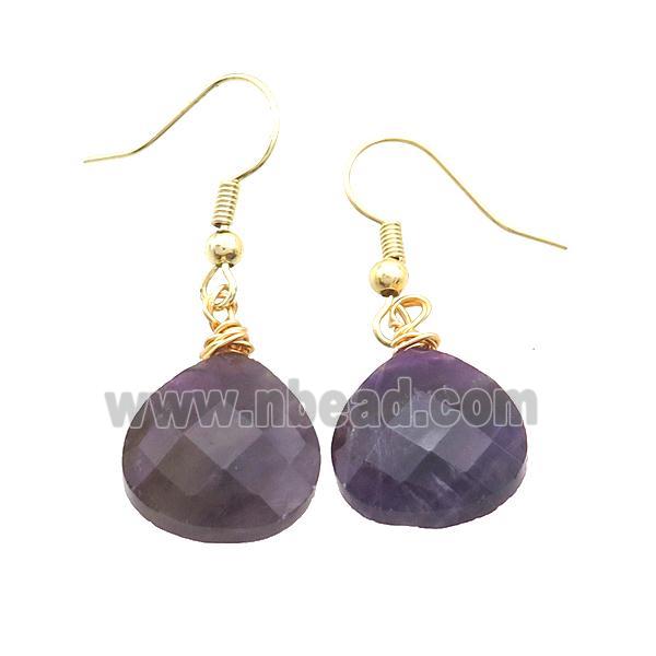 Natural Purple Amethyst Copper Hook Earrings Teardrop Gold Plated