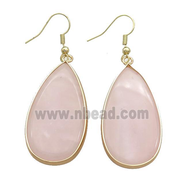 Pink Rose Quartz Copper Hook Earrings Teardrop Gold Plated