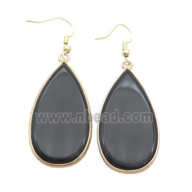 Black Onyx Agate Copper Hook Earrings Teardrop Gold Plated