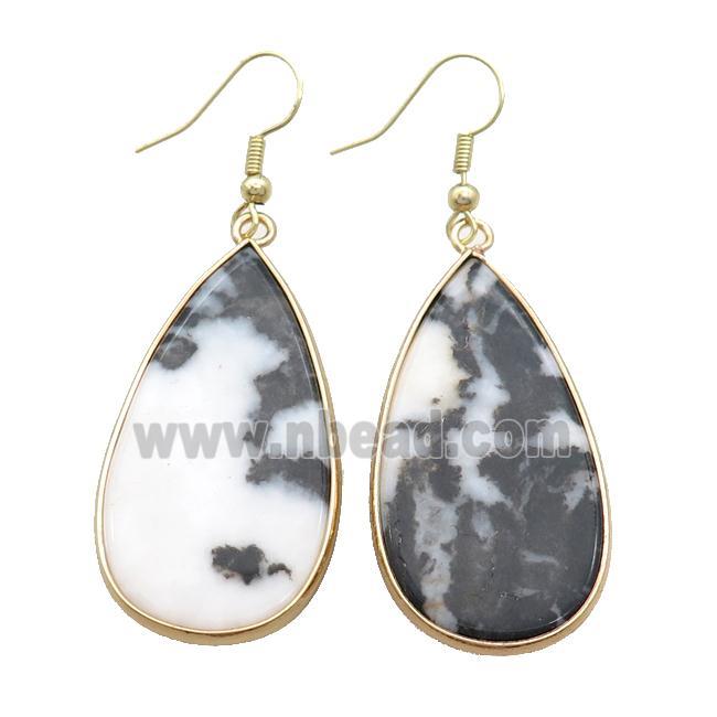 Black White Zebra Jasper Copper Hook Earrings Teardrop Gold Plated