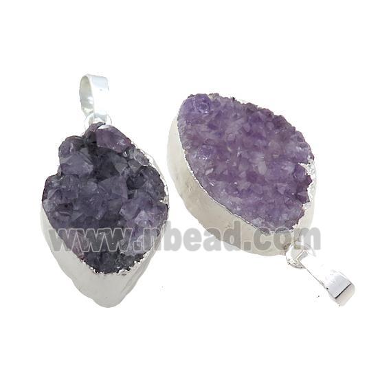 Amethyst Druzy Cluster Pendant Freeform Shiny Silver