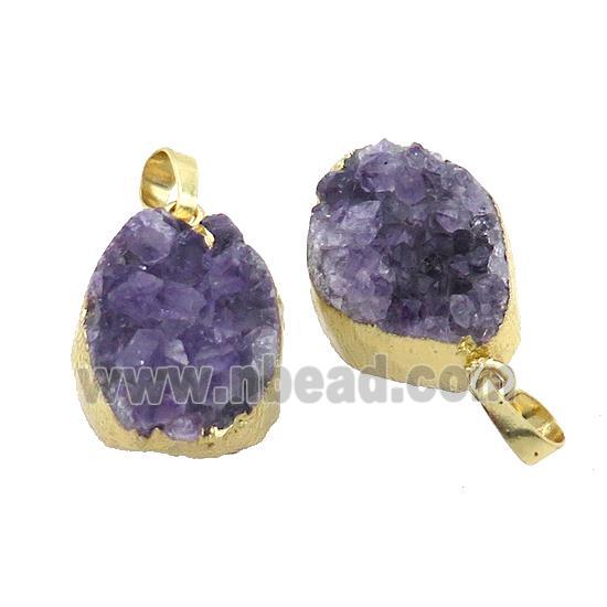 Purple Amethyst Druzy Pendant Cluster Freeform Gold Plated