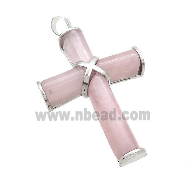 Natural Pink Rose Quartz Cross Pendant Platinum Plated