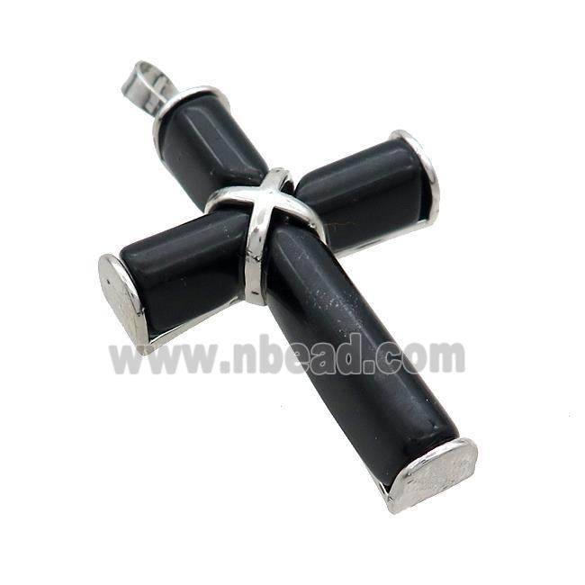 Black Onyx Agate Cross Pendant Platinum Plated