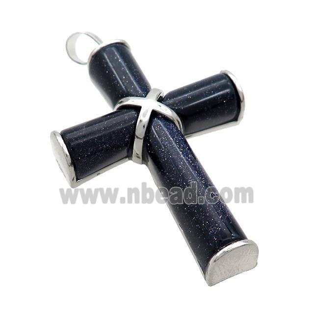 Blue Sandstone Cross Pendant Platinum Plated