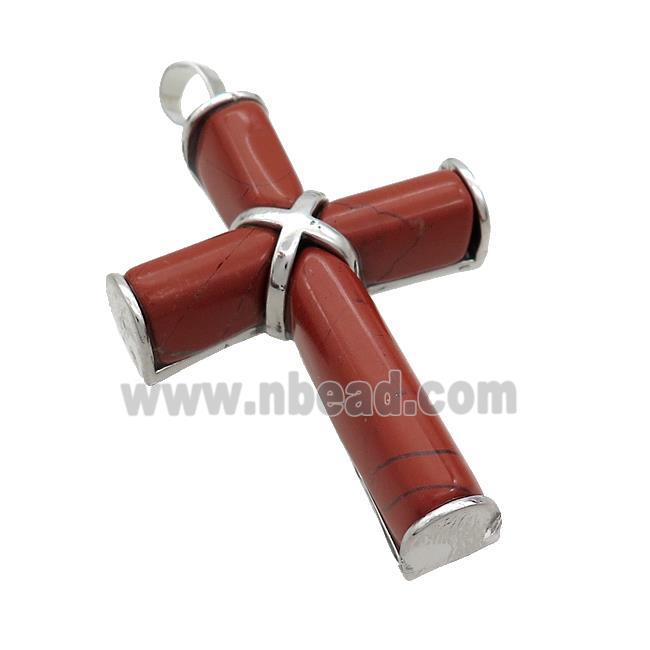 Natural Red Jasper Cross Pendant Platinum Plated