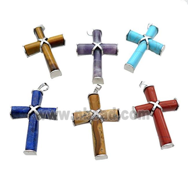 Mix Gemstone Cross Pave Pendant Platinum Plated