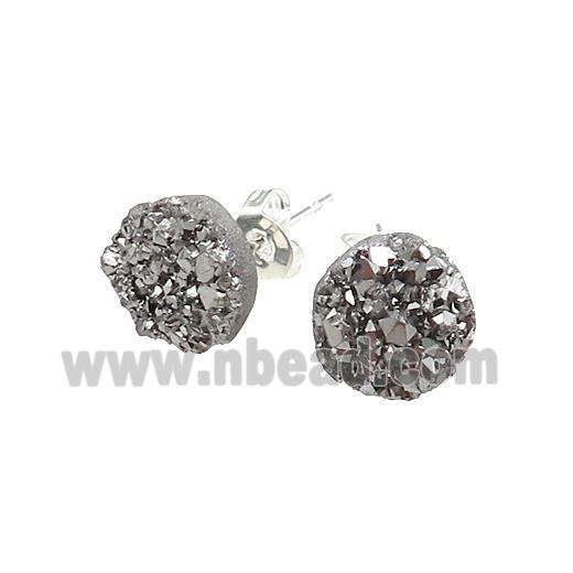 Silver Druzy Quartz Stud Earrings Platinum Plated