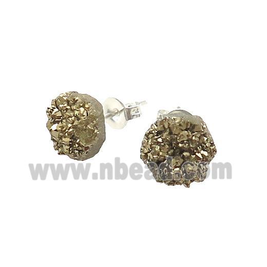 Gold Druzy Quartz Stud Earrings Platinum Plated