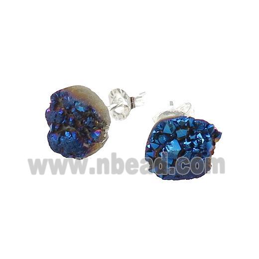 Blue Druzy Quartz Stud Earrings Platinum Plated