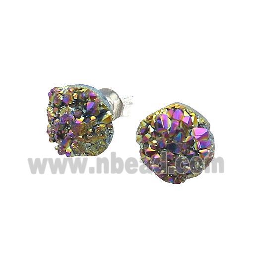 Rainbow Druzy Quartz Stud Earrings Platinum Plated