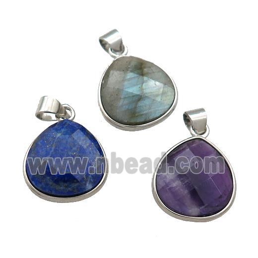 Mixed Natural Gemstone Teardrop Pendant Platinum Plated