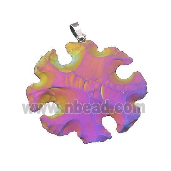 Natural Rock Agate Pendant Hot Wheels Snowflake Hammered Multicolor Electroplated