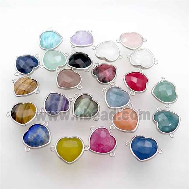 Mix Gemstone Heart Connector Platinum Plated