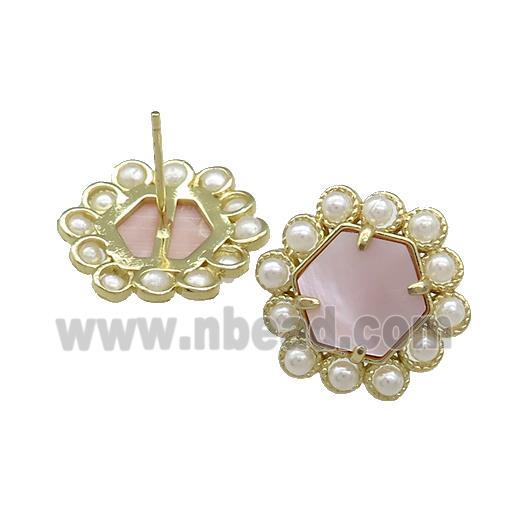 Copper Hexagon Stud Earrings Pave Pink Queen Shell Pearlized Resin Gold Plated