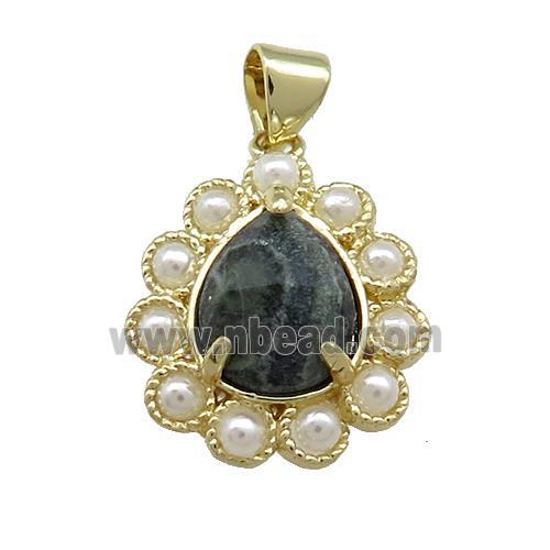 Copper Teardrop Pendant Pave Kambaba Jasper Pearlized Resin Gold Plated