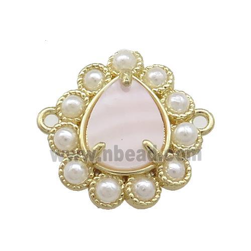 Copper Teardrop Connector Pave Pink Queen Shell Pearlized Resin Gold Plated