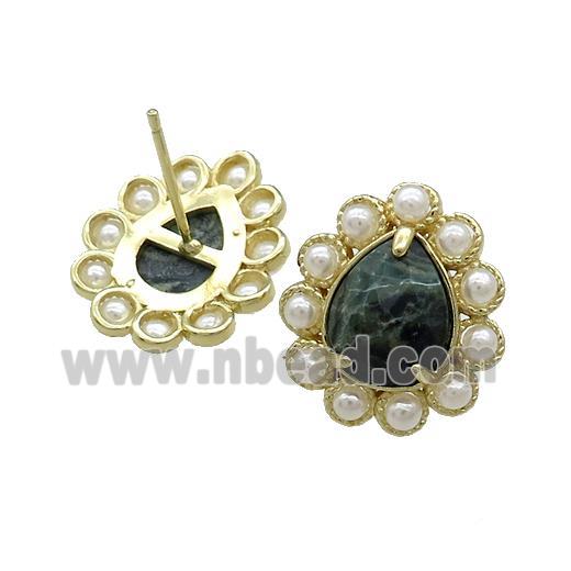 Copper Teardrop Stud Earrings Pave Kambaba Jasper Pearlized Resin Gold Plated