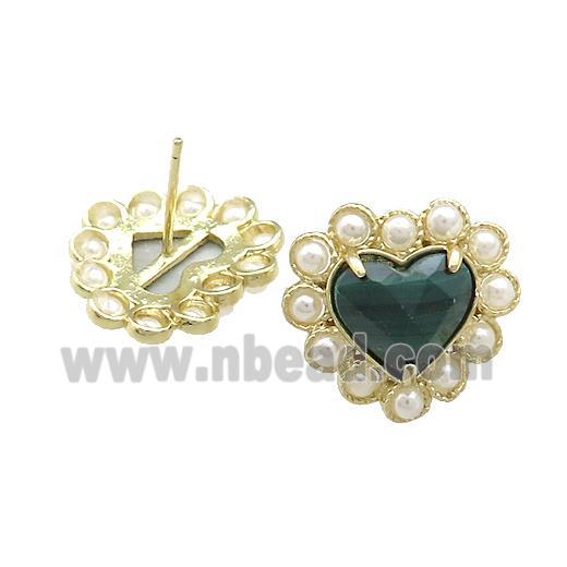 Copper Heart Stud Earring Pave Malachite Pearlized Resin Gold Plated