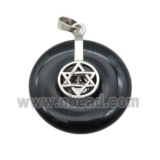 Natural Black Obsidian Donut Pendant With Alloy David Star