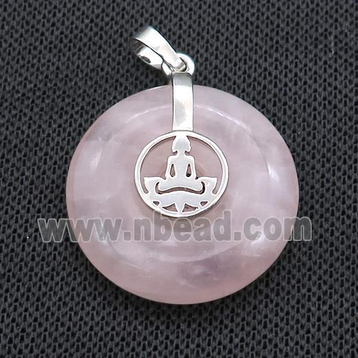 Natural Pink Rose Quartz Donut Pendant With Alloy Buddha OM