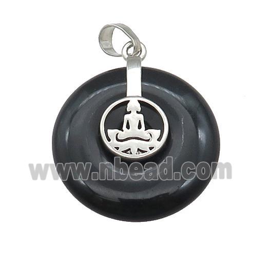 Black Obsidian Donut Pendant With Alloy Buddha OM