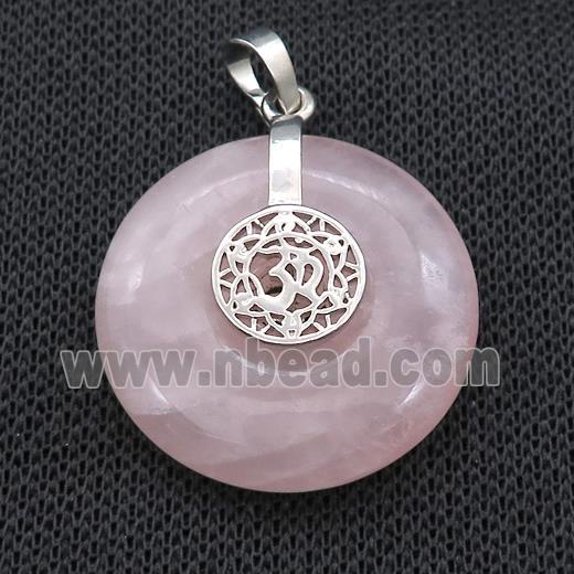 Natural Pink Rose Quartz Donut Pendant With Alloy Chakra OM Symbol